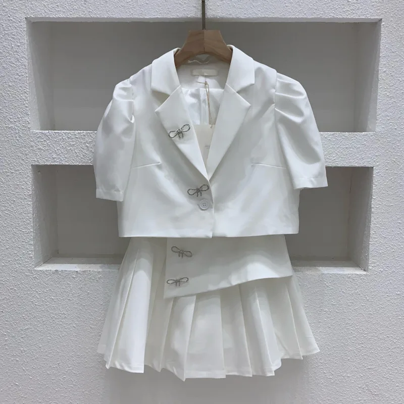 

Korean OL Summer Two Piece Set Women Crop Top Blazer Coat + High Waist Pleated Skirt Suits Streetwear 2 Piece Set Ensemble Femme