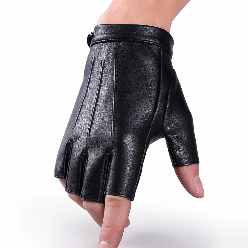 Фото Мужские и женские перчатки из натуральной кожи без пальцев для влюбленных черные