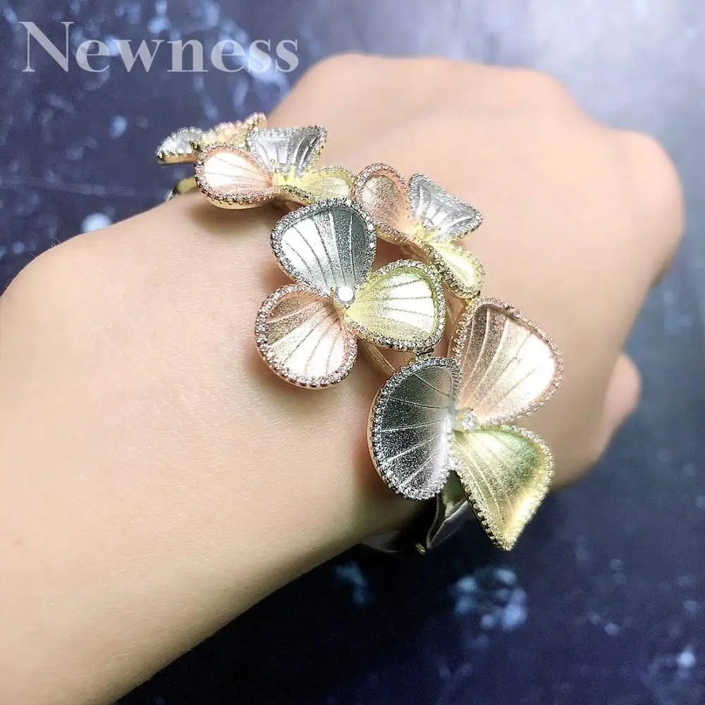 

Newness Luxury Flowers Leaf Cubic Zirconia 3 Tones Bangle Ring Fashion Set Women Engagement Wedding Jewelry Sets
