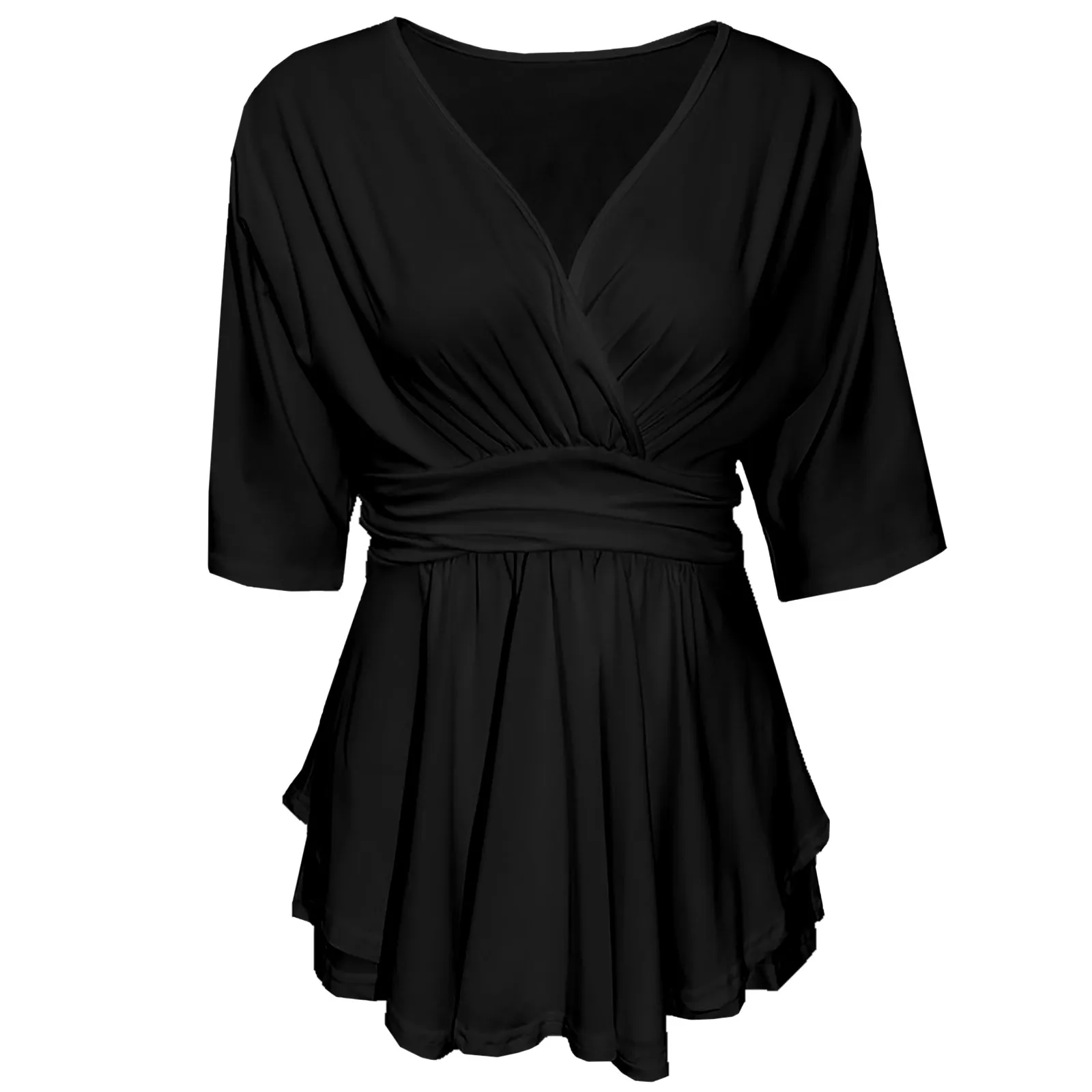 

40# Elegant Solid Color V-Neck Women'S Blouse Ruffles Short Sleeves Blouse Summer Plus Size Blouses And Shirts 2021