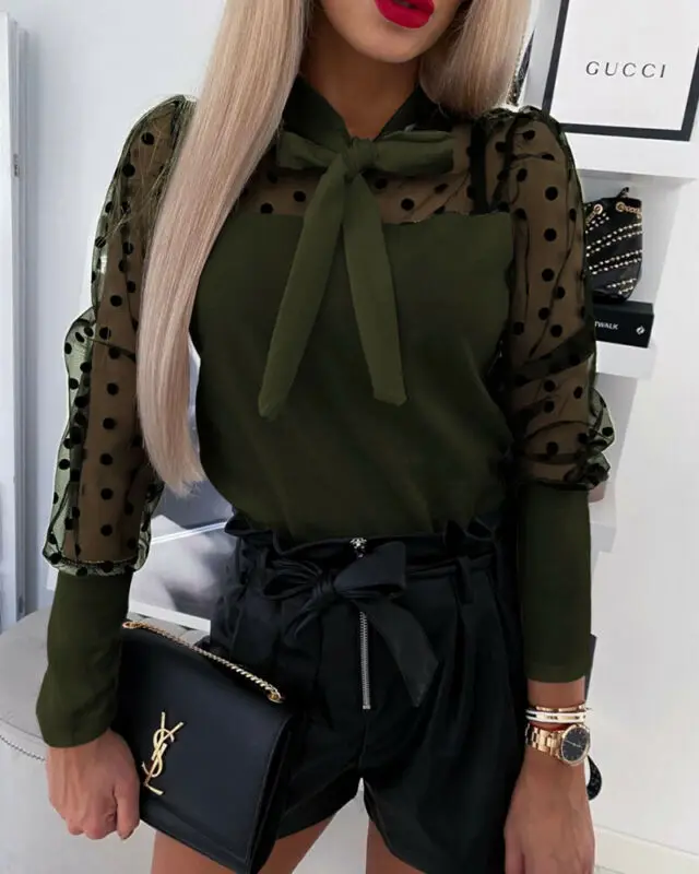 Модная женская прозрачная сетчатая блузка в горошек с длинным рукавом фонариком