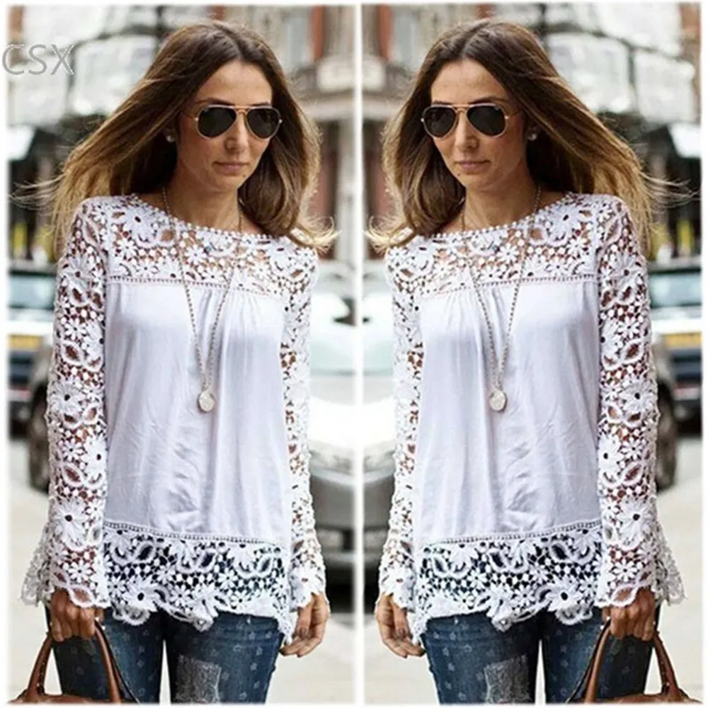 

2015 Women Summer Spring Autumn Crochet Floral Full-Sleeve Chiffon Blouse Lace Shirt Blusas De Renda Camisa Feminina 34