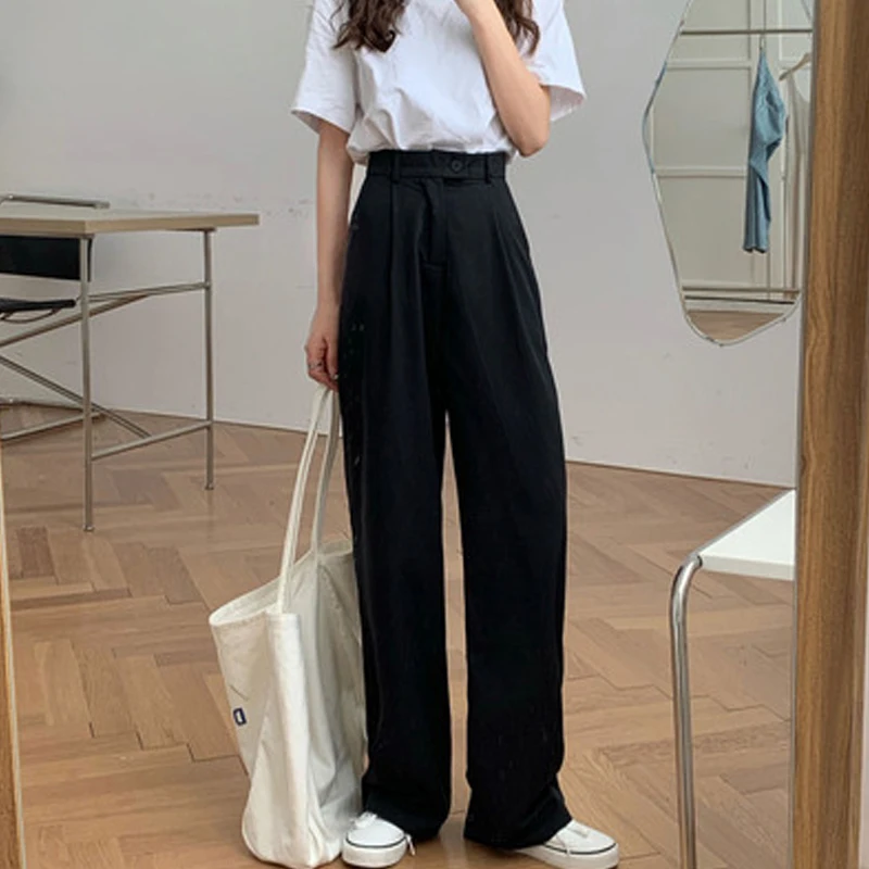 

Casual High Waist Krean Style Winter Autumn Solid Streetwear Trousers Women Straight Woman Suit Pants 2020 Wide Leg Pant