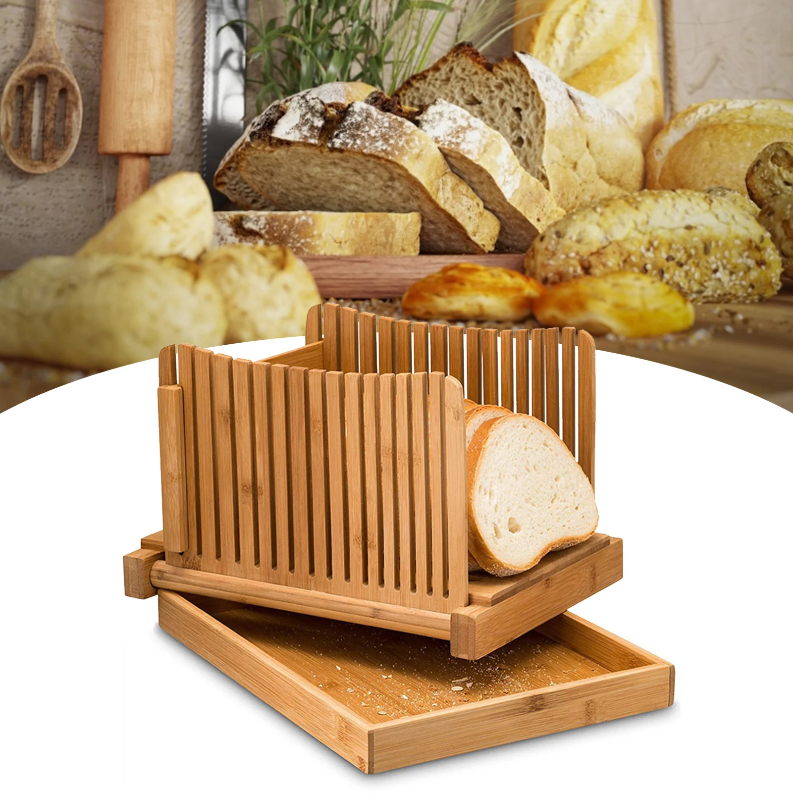 

Bamboo Bread Slicer Cutting Guide - Wood Bread Cutter For Homemade Bread, Loaf Cakes, Bagels Foldable And Compact With Crumbs