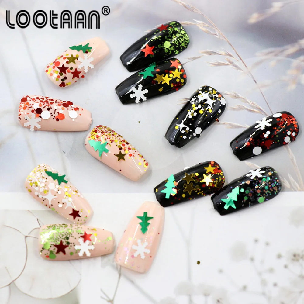 

LOOTAAN 12 Grids Nail Art Butterfly Flowers Christmas Halloween Nails Flakes Slice Decoration Mixed Design DIY Manicure Tools