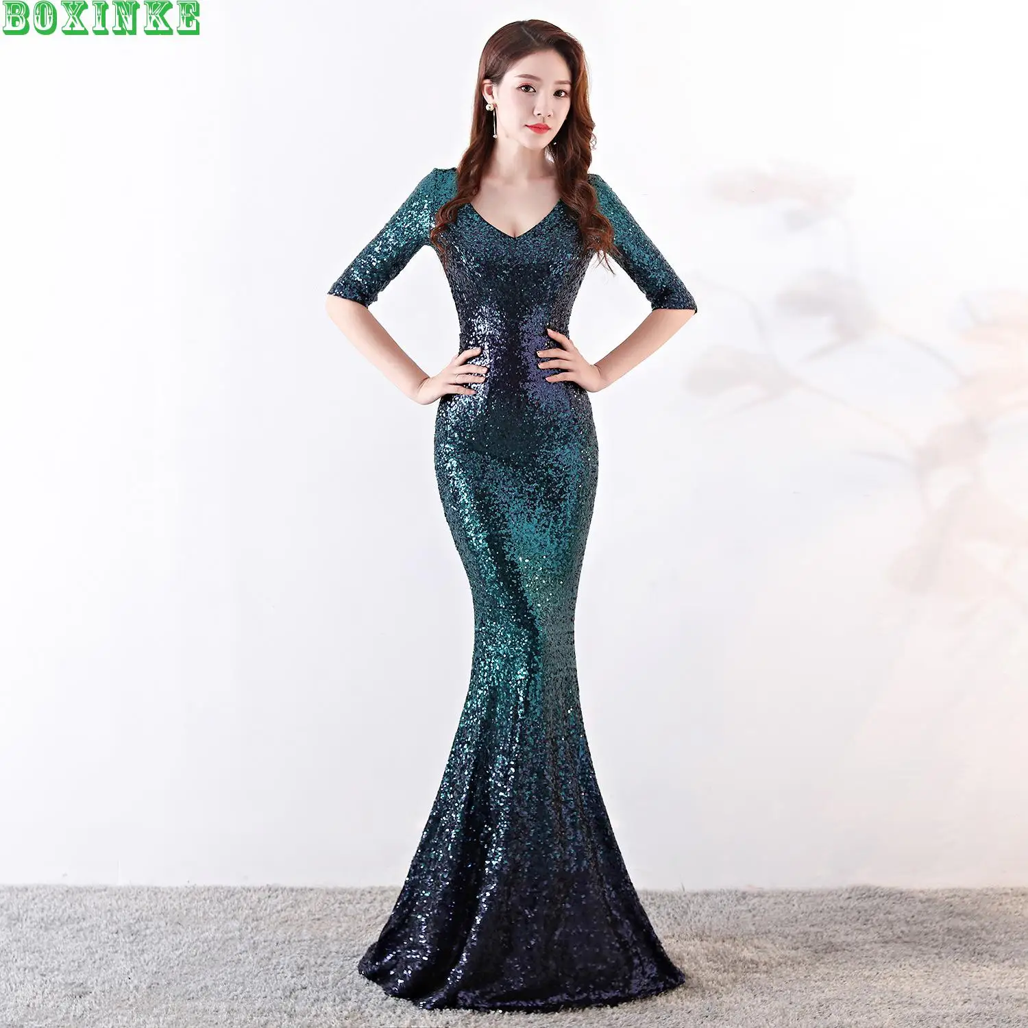 Пляжное платье, наполовину Vadim Lanon vestido de festa, благородное, элегантное, Утягивающее, сексуальное, рыбий хвост, длинное, для нового банкета с блестками