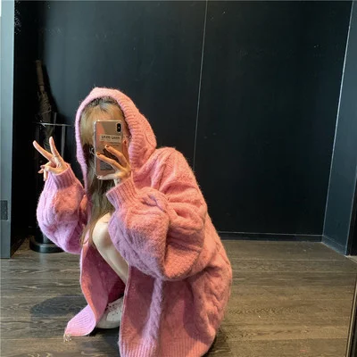 Тяжелая промышленность свободный крой кардиган с капюшоном свитер пальто для