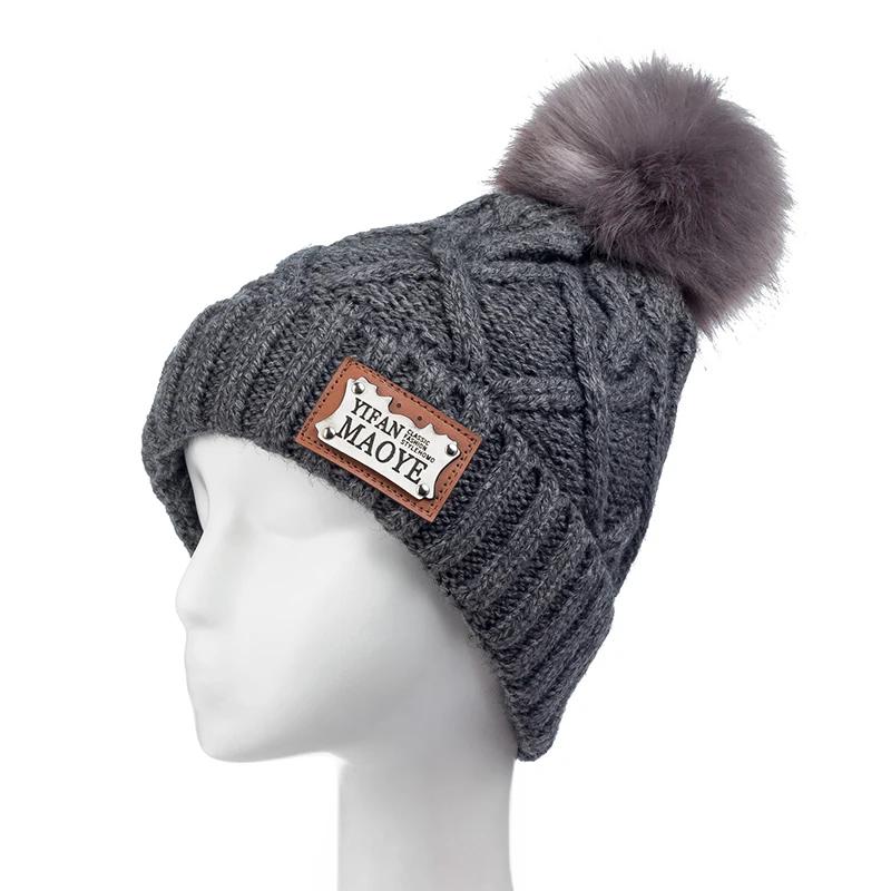 Dark Gray Шапка женская зимняя высокого качества с подкладкой из теплого меха вязаная шапка модная толстый шапка с помпонами и надписью MAOYE шапка женская - Цвет: Dark Gray