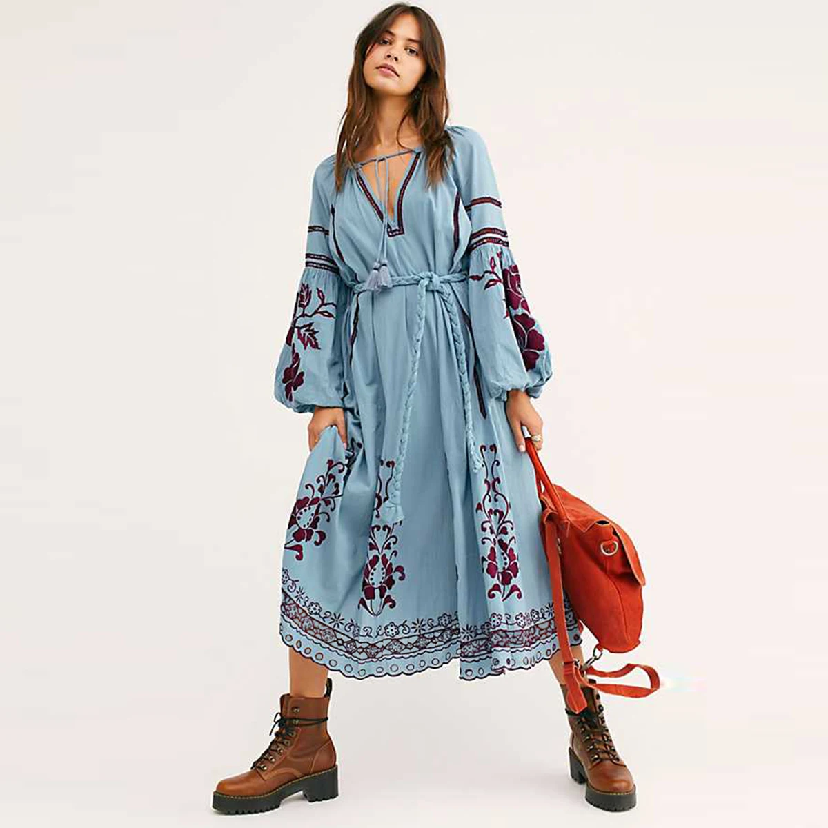 

Enthic Embroidery Midi Dress Woman Autumn Long Sleeve V Neck Elegant Dresses Female Vintage Bohemian Beach Vestidos Mujer Robe