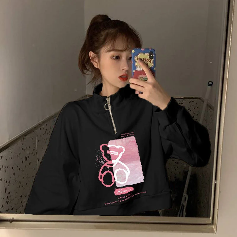 

Zipper short stand-up collar sweater women spring and autumn thin loose Korean version 2021 new tide high waist collar top
