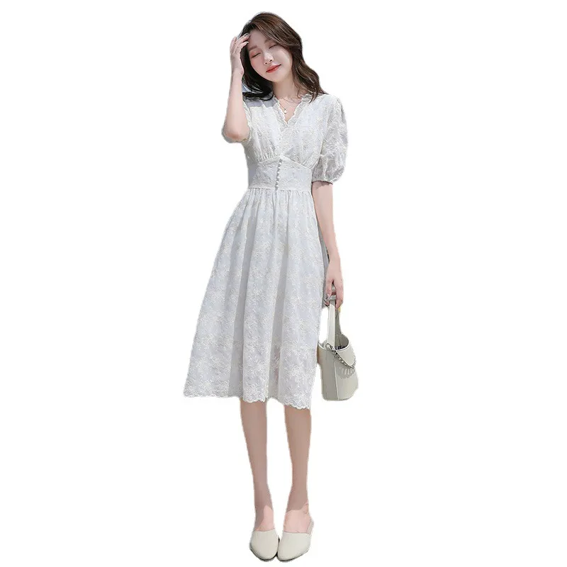 

2021 summer new French lace chiffon dress female fairy mid-length temperament V-neck gentle wind long skirt