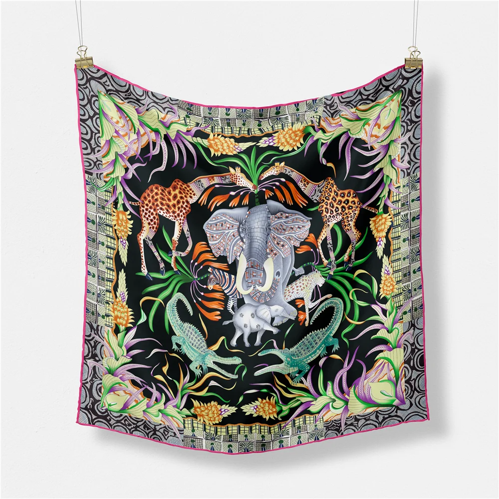 

Elephant Giraffe Zebra 53x53cm Square Scarf Brand Design Horse Luxury Silk Women Scarf Bandana Headband Fashion Hijab Neckerchie