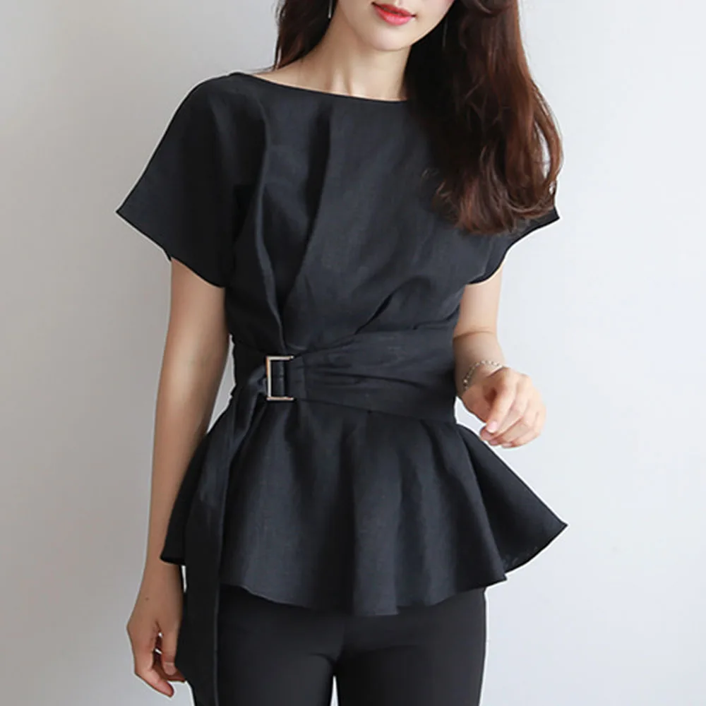 

Ruffled T-shirt Female 2020 Summer Temperament Shirt Short-sleeved High Waist Shirt Korean Office Ladies Causal Plain Tops