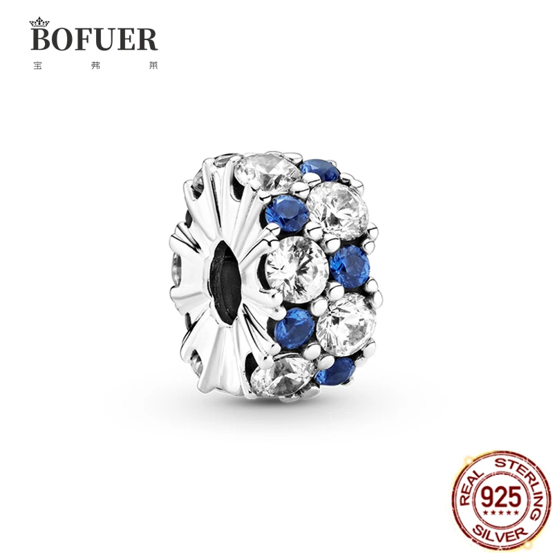

New Silver Shining White Bule Gemstone Safety Chain Bead Fit 925 Pandora Charms Bracelet DIY Women Original Beads Jewelry P155