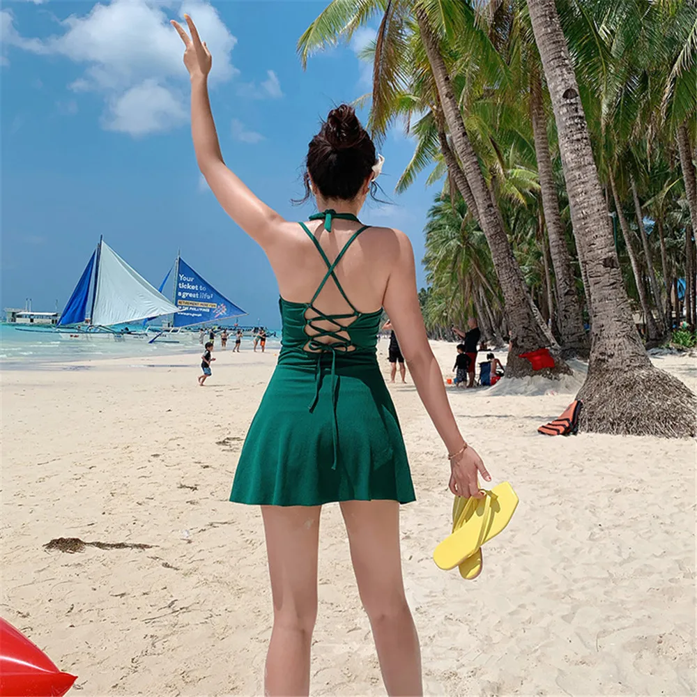 Корейский цельный купальный костюм Женская однотонная купальная одежда