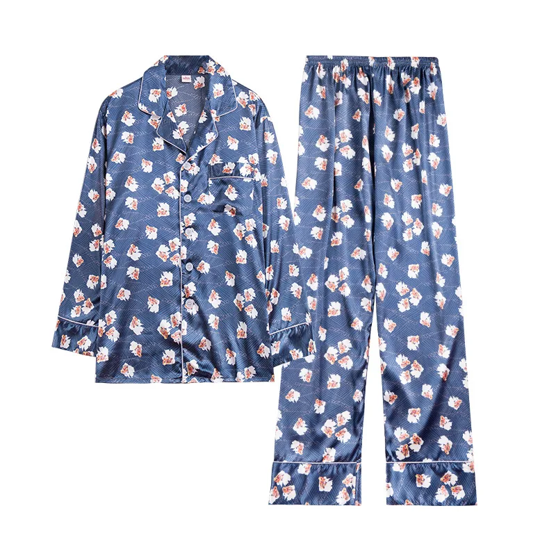 Шелковая пижама с принтом для мужчин Сезон весна лето Платье длинными рукавами