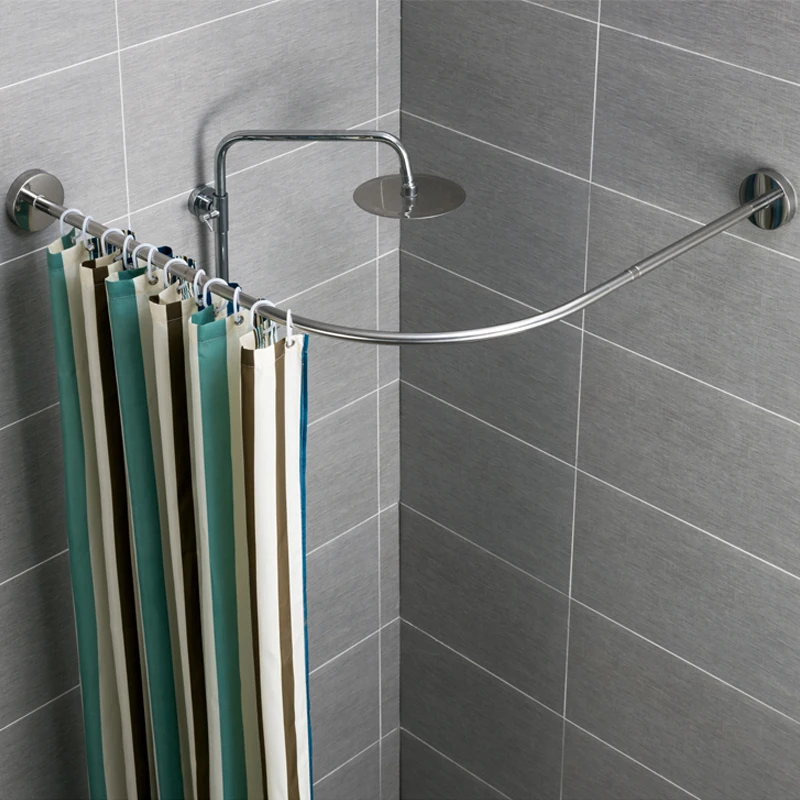 

With 12 Metal Hooks Extendable Corner Stainless Steel Rail Rod Bar Bath Door Hardware Heavy Loaded Shower Curtain Rod Pole