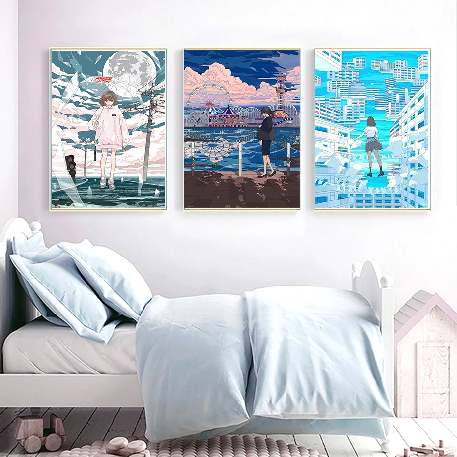 Цветные постеры WTQ в стиле аниме с изображением ночного города девушки обеденной