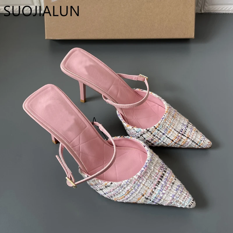 SUOJIALUN Fashion Brand Women Slipper Thin High Heel Ladies Sandal Shoes Pointed Toe Shallow Slip On Mules Outdoor Slides Mujer