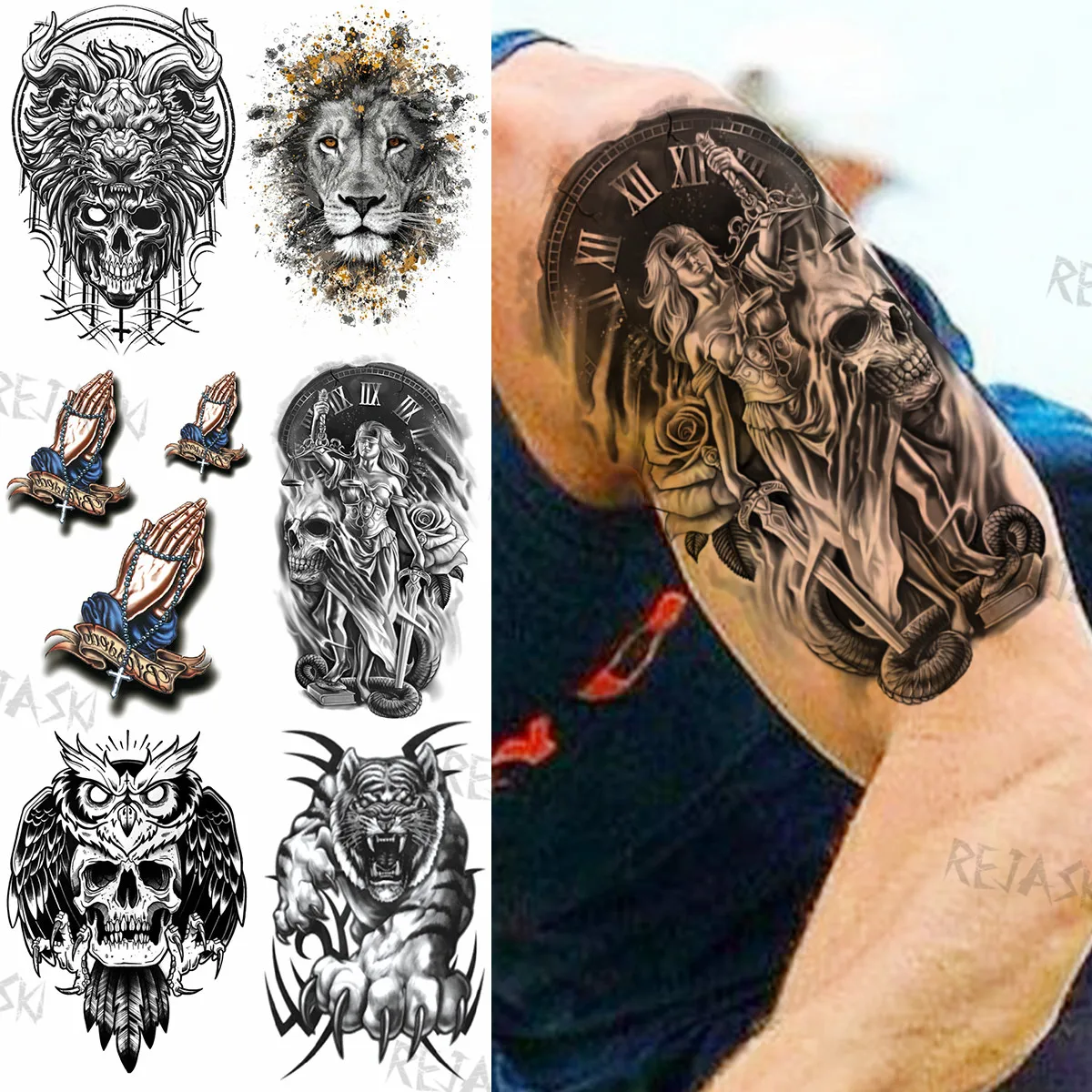 

Realistic Compass Warrior Temporary Tattoos For Men Women Fake Lion Skull Owl Tiger Tattoo Sticker DIY Water Transfer Tatoos Arm