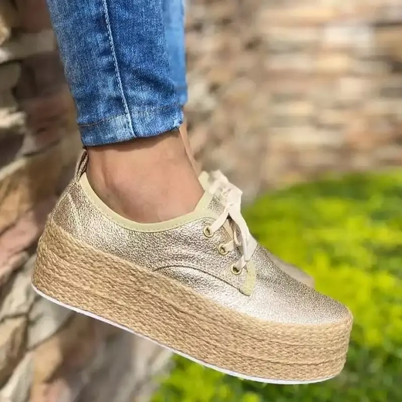 Women Flat Platform Shoes Lace-up Gold Creepers No-slip Sneakers Thick Bottom Flats Ladies Walking Plus Size 43 AEZLZ358 | Обувь