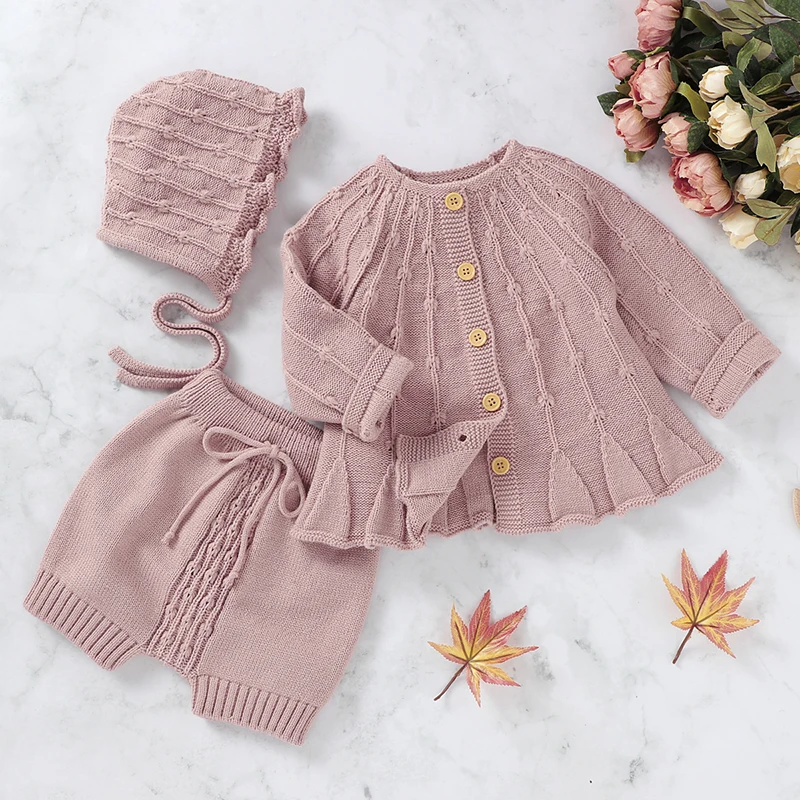 

New 2020 Spring Autumn Infant Baby Girls Pure Color Cardigan Coat + Pants+ Hat Clothing Sets Kids Suit Girl Knit Sets Clothes