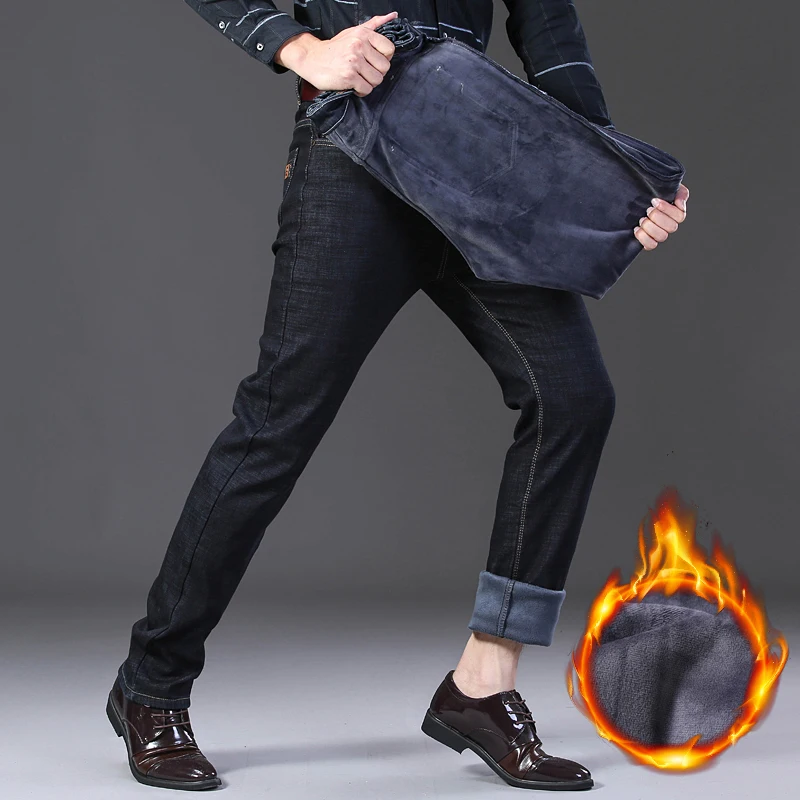 NIGRITY зимние мужские теплые флисовые джинсы стрейч повседневные Прямые толстые