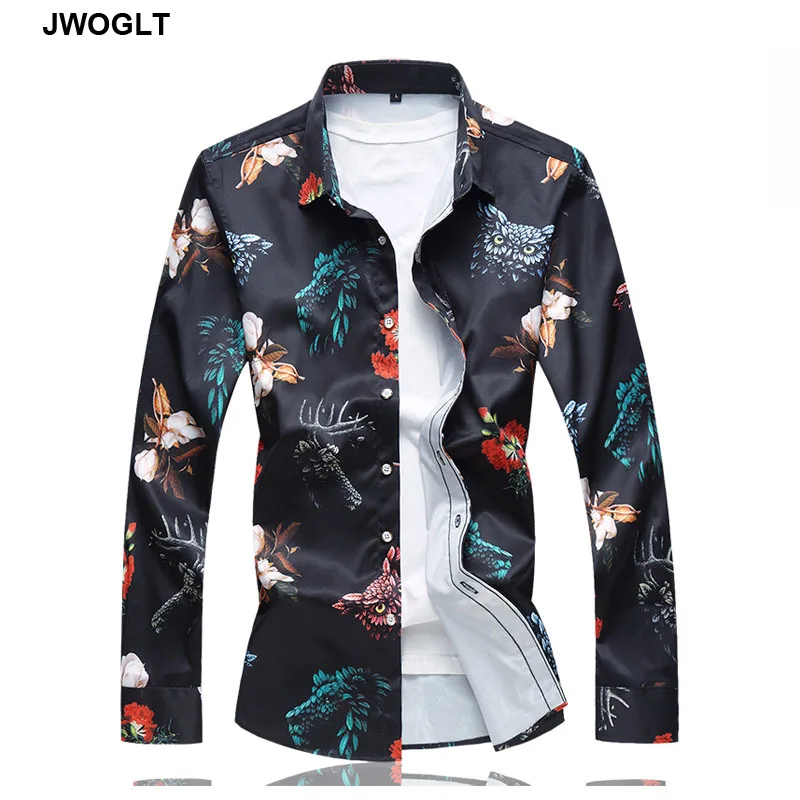 

45KG-120KG Spring Autumn New Creative Flower Animal Printed Button Down Long Sleeve Shirts 5XL 6XL 7XL Male Blouse