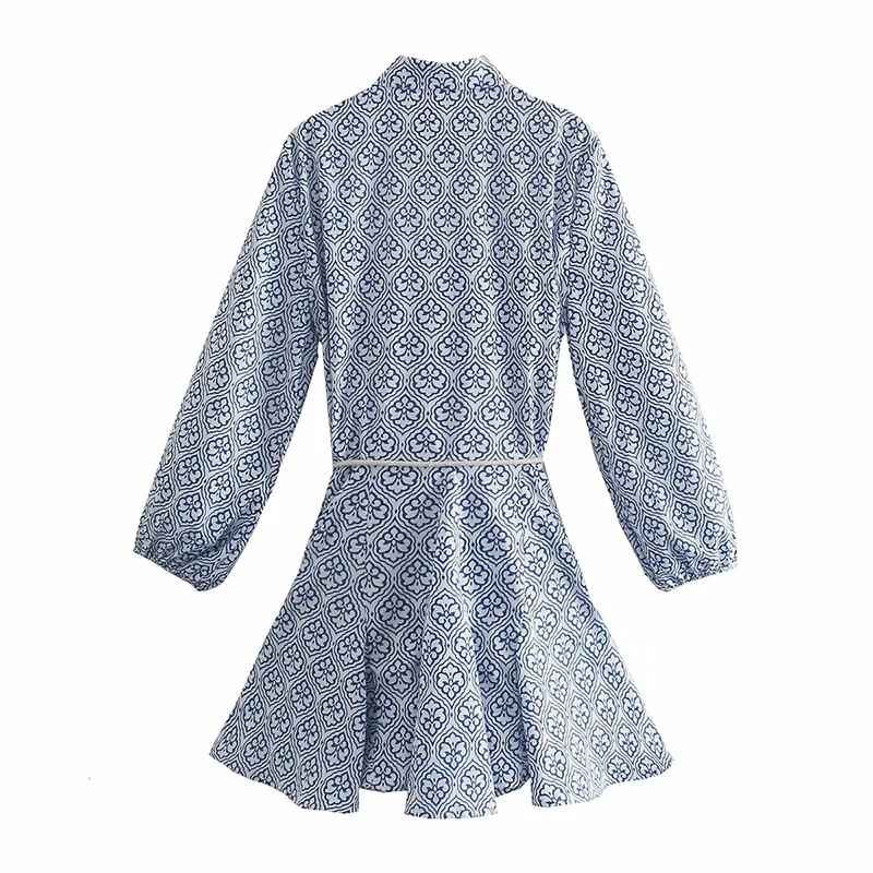 

Summer New Women's 2021 Fashion Trendy Female Printed High-waisted Mini Shirt Long-sleeved Dress Belt Buckle Retro Lapel