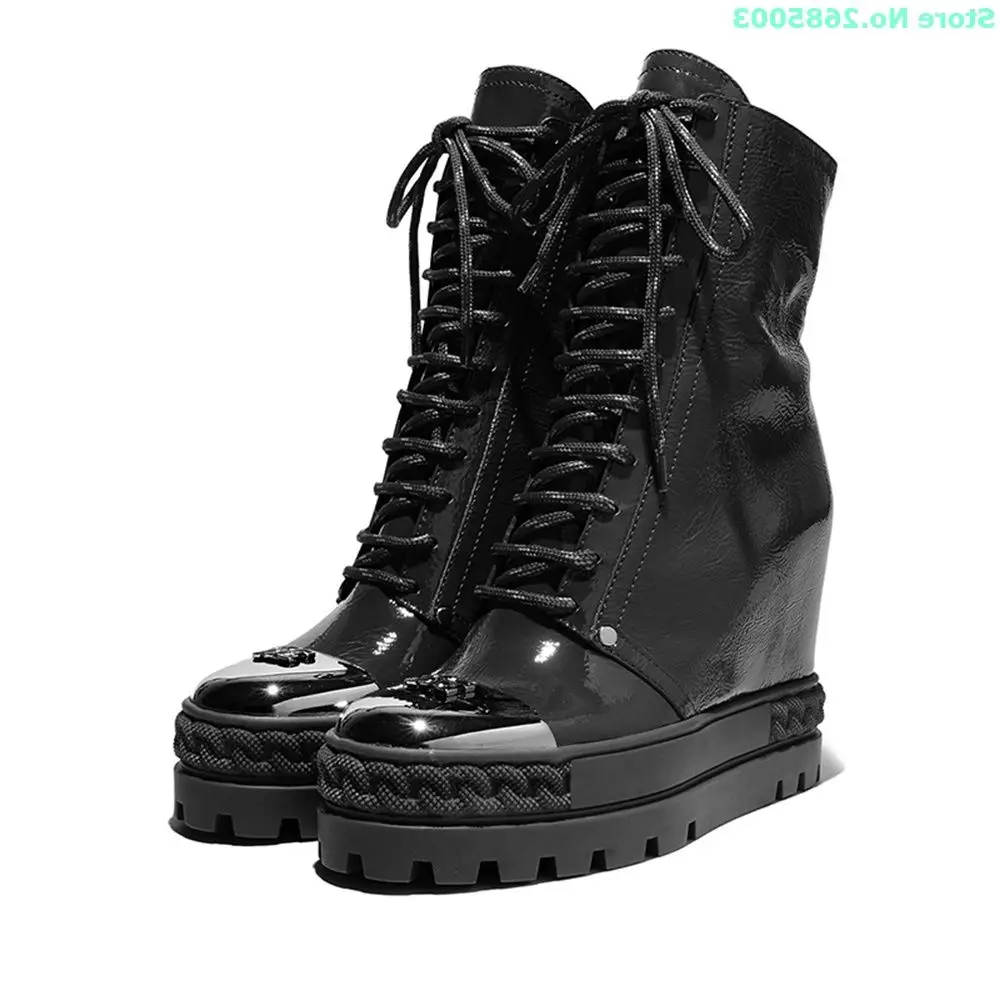 

Thick Soled Cross Tied Boots Real Leather Round Toe Wedges High Heels Zipper Women Spring Autume Party Dress Short Boots Shoes