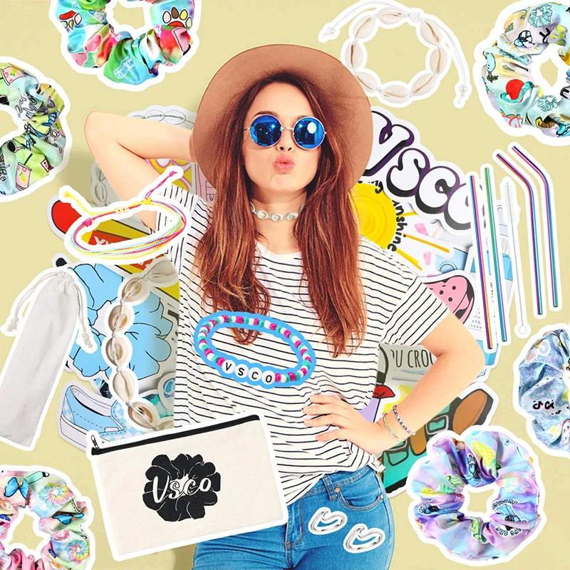 69Pcs Vsco Stuff Pack Voor Meisje Vsco Haar Scrunchies Kolf Stickers Shell Choker Ketting Armbanden Roestvrij Rietjes Ringen Tas