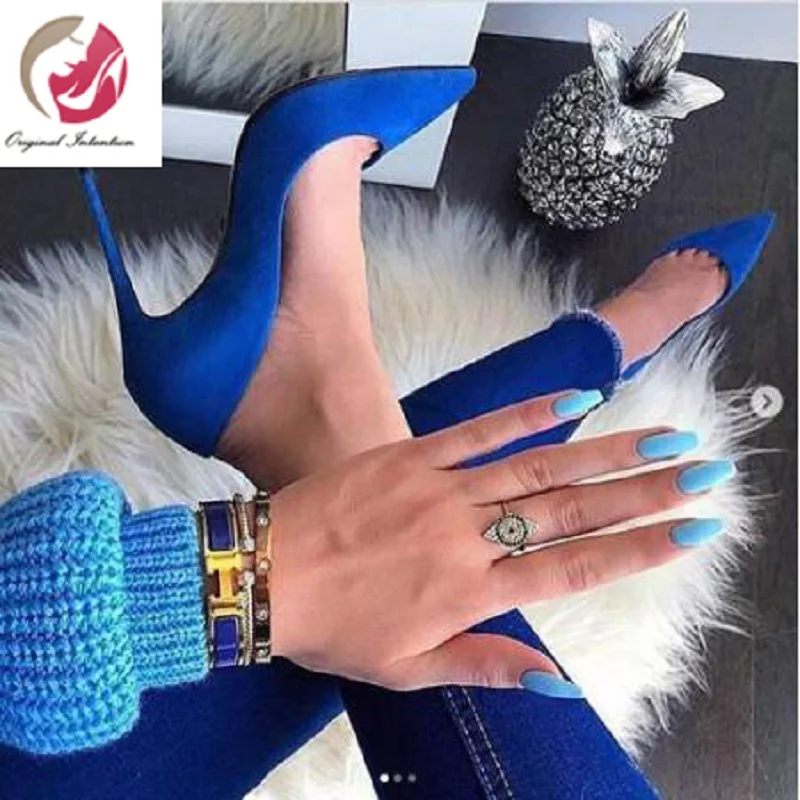 

Original Intention New Sexy Women Pumps Faux Suede Pointed Toe Thin High Heel Pumps Royal Blue Shoes Woman Plus US Size 4-15