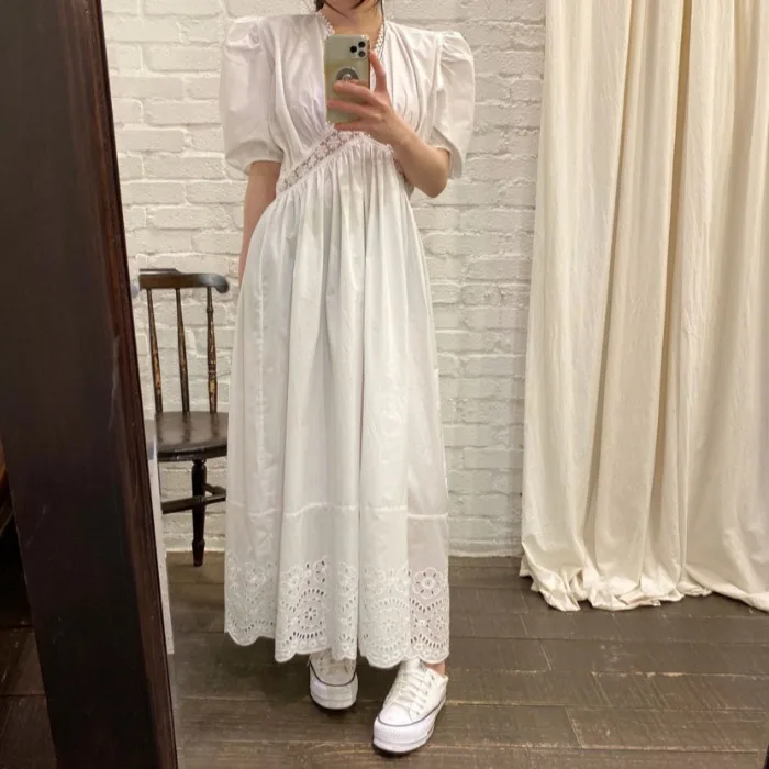 

Korean Chic French Minority Spring/Summer Clothing Loose Temperament Slimming Long V-neck Lace Stitching Waist-Baring Dress