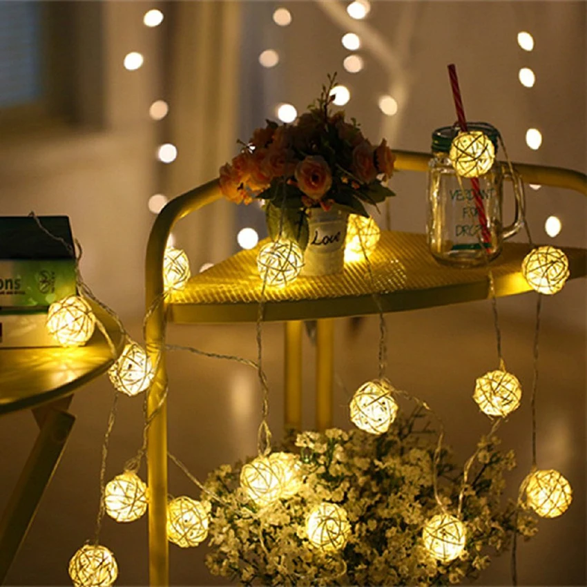 10/20leds Rattan Ball string lights garland Cotton Ball Holiday lights For Party Christmas Navidad Wedding Pop Year Decoration