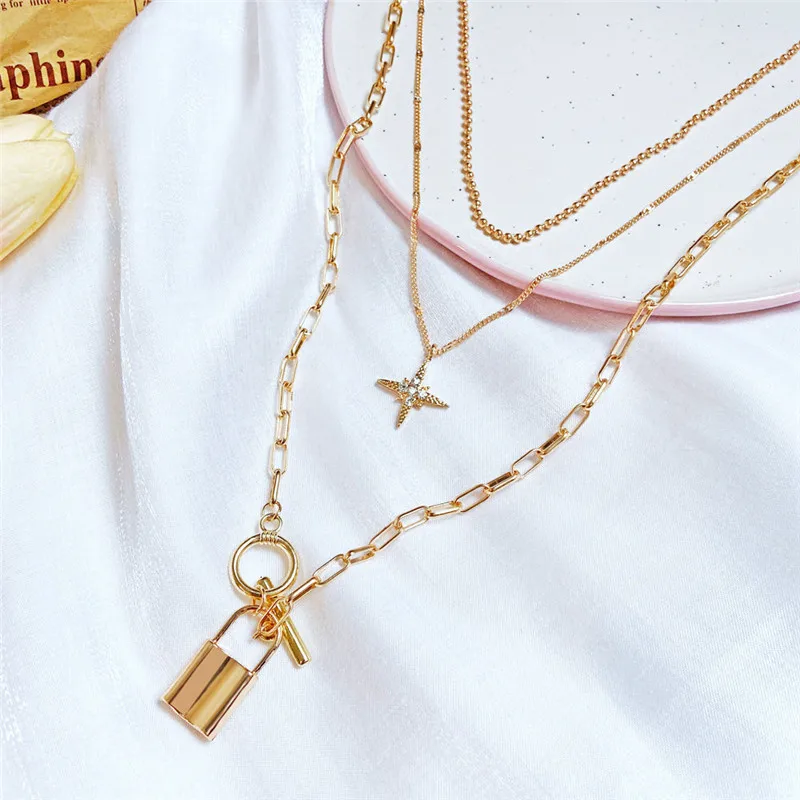 

Multi Layer Vintage Lover Lock Pendant Necklace For Women Punk Big Link Choker Necklaces Jewelry Anniversary Gifts Hot Sale