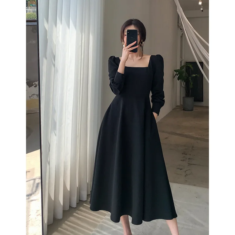 

Long Urban Women Square Collar Solid Colors Ruffles Dresses Elegant French Style Knee-Length Dress Party Banquet Formal Clothing