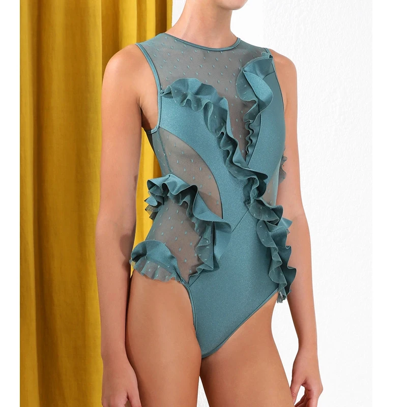 Сексуальный сетчатый Цельный купальник женский с оборками прозрачный Монокини