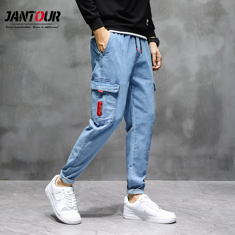 

Cargo Harlan Pocket Jeans Men's Cotton Beam Feet Leggings Slim Overalls Classic Style Fashion Blue Casual Joggers Trousers Male