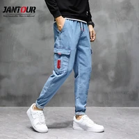 cargo harlan pocket jeans mens cotton beam feet leggings slim overalls classic style fashion blue casual joggers trousers male