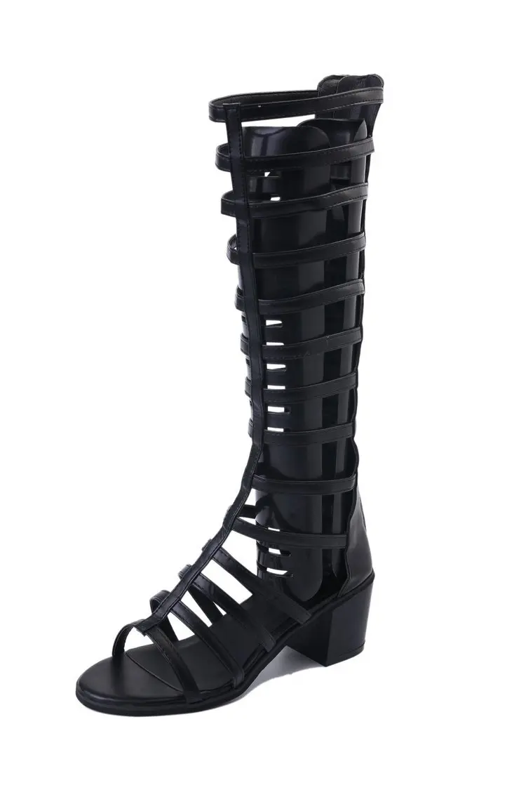 Сандалии женские iok8 кожаные с квадратным каблуком перфорацией до колена | Обувь