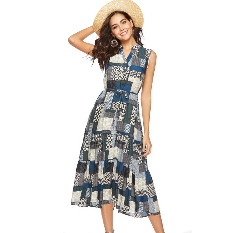 

Boho Long Maxi Dress Women Vintage Sleeveless V-neck Tank Dresses Summer Beachwear Dress Female 2021