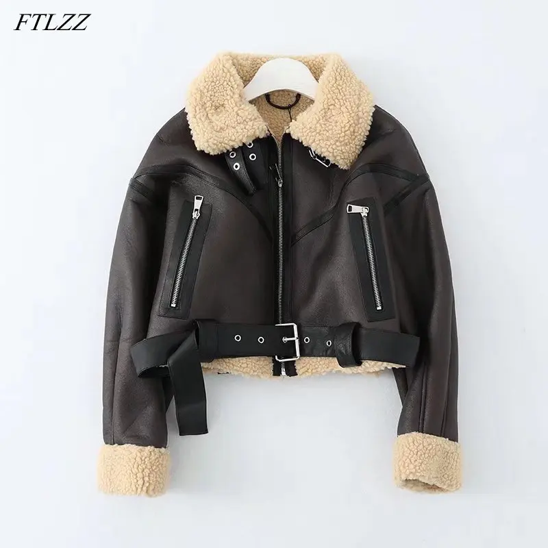 FTLZZ New Winter Women Streetwear Faux Lamb Leather Fur Short Jacket with Belt Moto Biker Thick Warm Sheepskin Coat Outwear