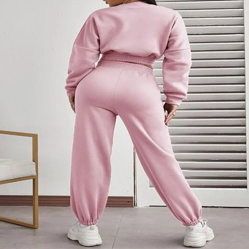 

Fleece O-neck Crop Top Women's Tracksuit Suit 2021 Autumn Winter Solid Long Sleeve Tracksuit Female Casual Streetwear Suits