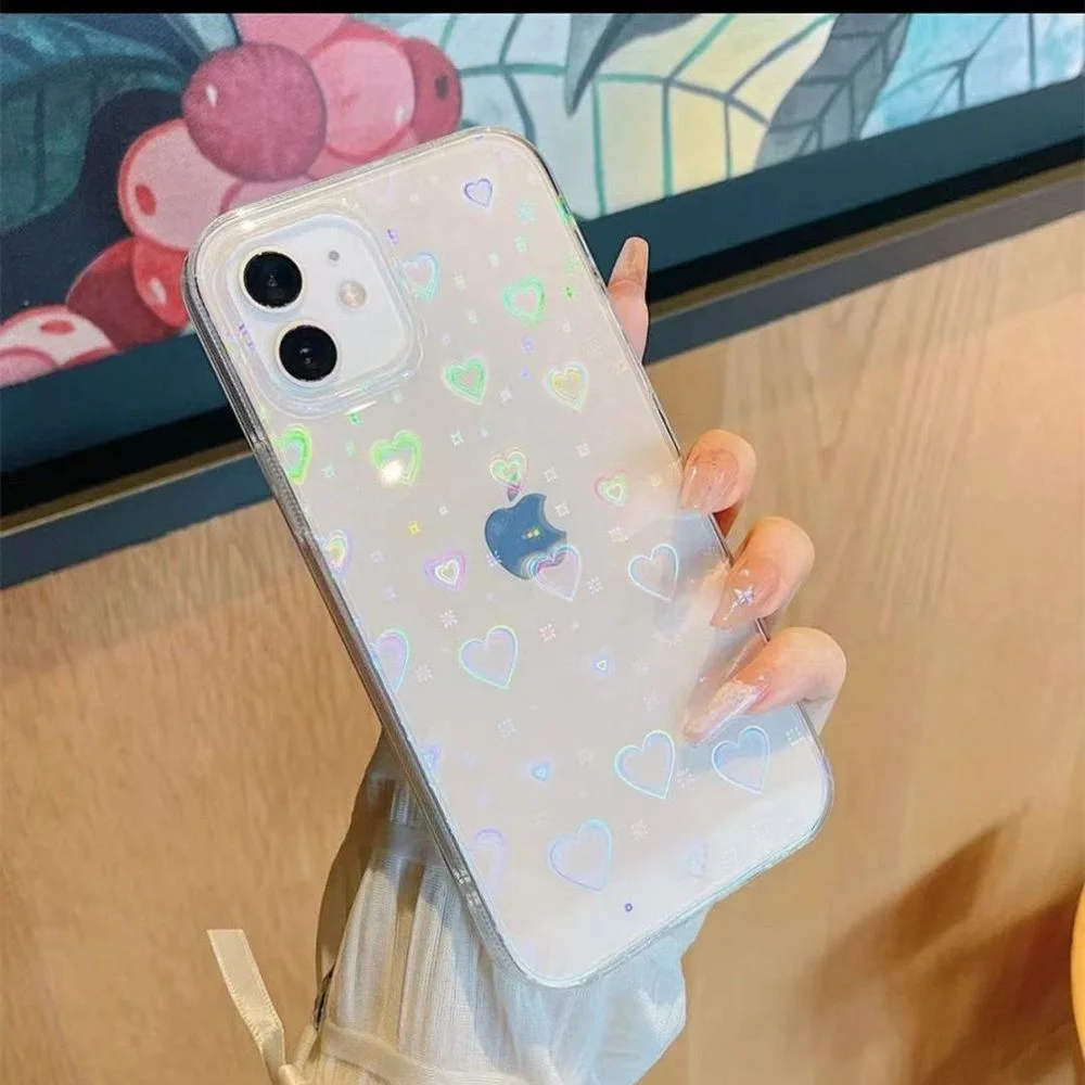 

Fashion Gradient Laser Love Heart Clear Phone Case For iPhone 11 12 Pro Max X XS XR 7 8 Plus SE 2020 Shockproof Female Cover New