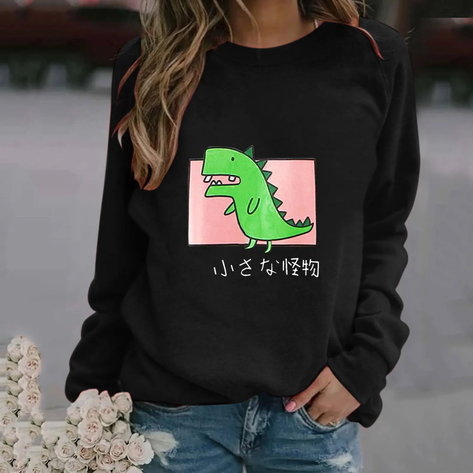 

Women's Hoodies Cute Dinosaur Print Long-sleeved Sweatshirt Casual Pullover Autumn Winter Daily Harajuku Tops ropa mujer lujo