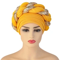 2021 newest african aso oke auto gele headtie ready to wear braid hijab bonnet glitter squins female head wrap turban cap