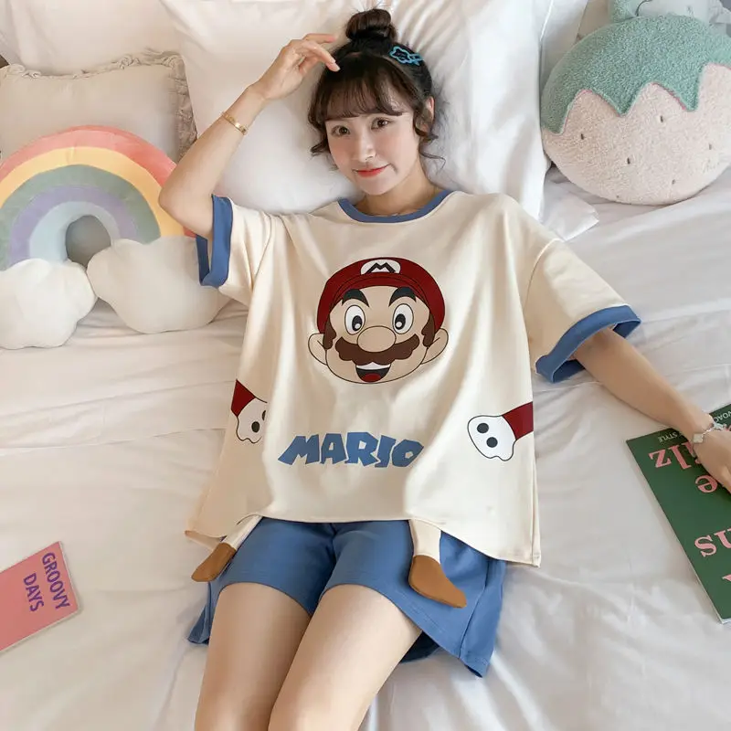 Pajamas Female Summer Thin Section Cotton Short-sleeved Students Cartoon Cute Sweet Can Wear Two-piece Home Wear Sets