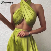 serytee fashion satin two piece set halter bandage crop top and wide leg pants outfit party set ladies party matching suit