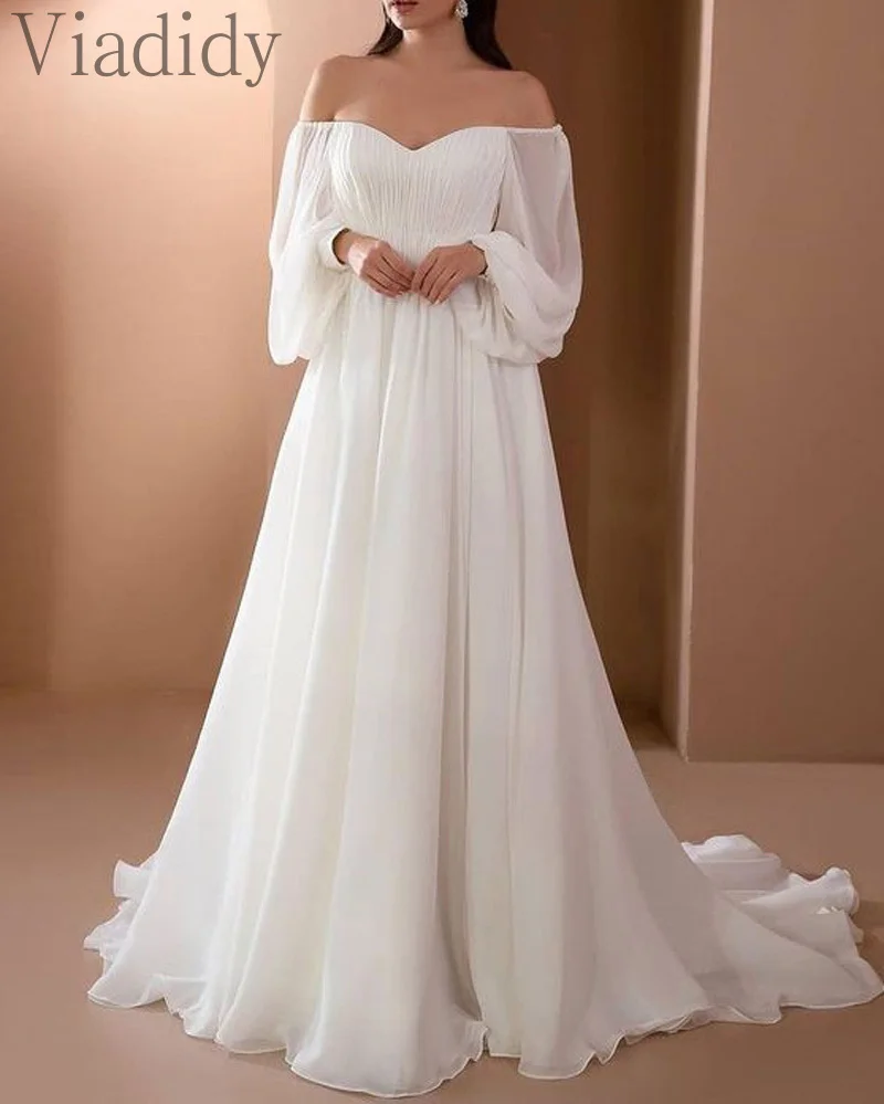 Women Elegant Slash Neck Off Shoulder Lantern Sleeve White Party Dress