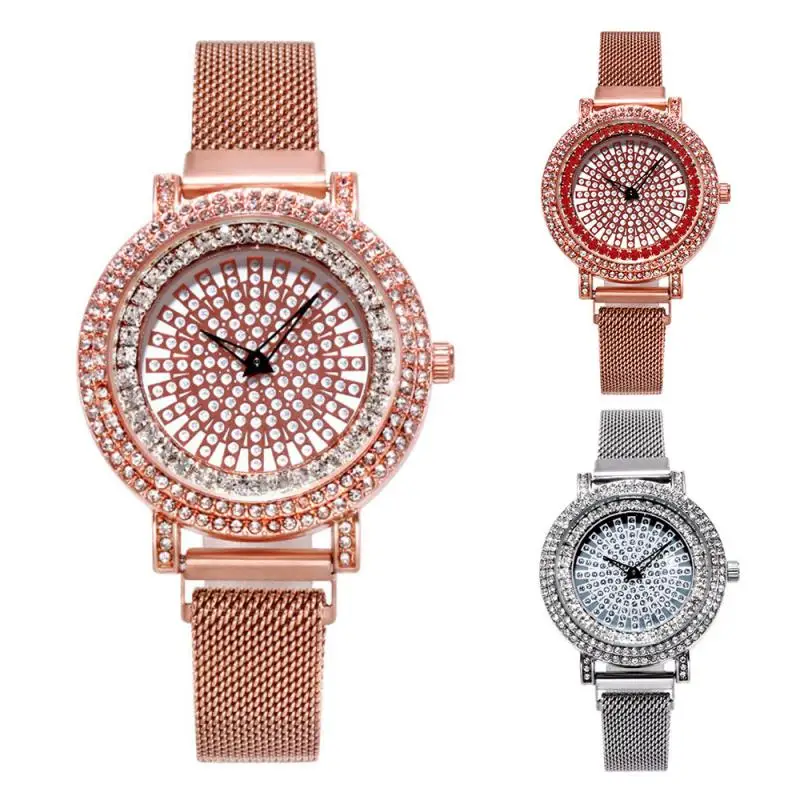 Женские кварцевые наручные часы на магнитной застежке с камнями для бега в